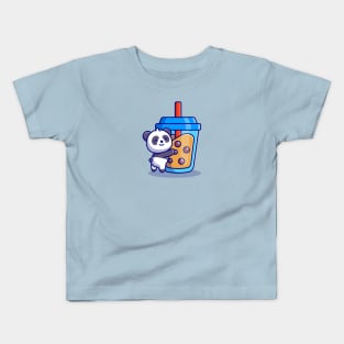 Cute Panda Holding Boba Milk Tea Cartoon Kids T-Shirt